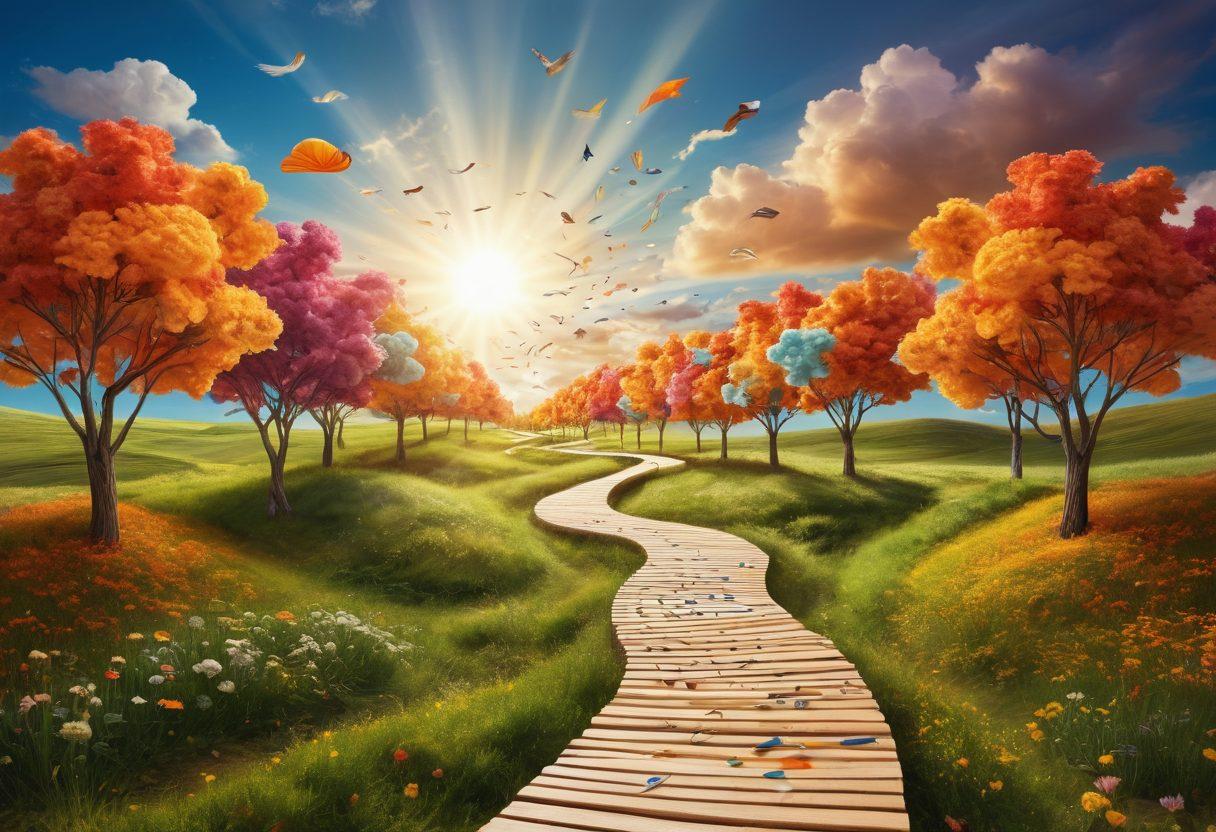 A surreal landscape featuring a winding path made of colorful articles and ideas transforming into written words, with whimsical clouds of creativity floating above and trees made of pens and paper. In the distance, a bright sun symbolizes inspiration, casting golden light over everything. The scene embodies the journey of content creation, capturing the dynamic nature of writing and ideas. vibrant colors. super-realistic.