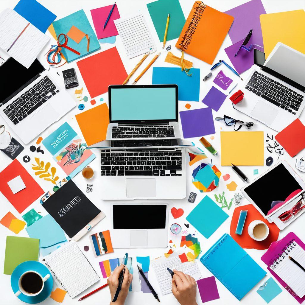 A vibrant collage showcasing diverse bloggers passionately creating content, with colorful notebooks, digital devices, and artistic tools scattered around. The background features a swirling mist of ideas, creativity, and inspiration in various colors, symbolizing self-expression. The atmosphere is lively, inviting, and dynamic, illustrating the essence of blogging as a journey of creativity. super-realistic. vibrant colors. white background.